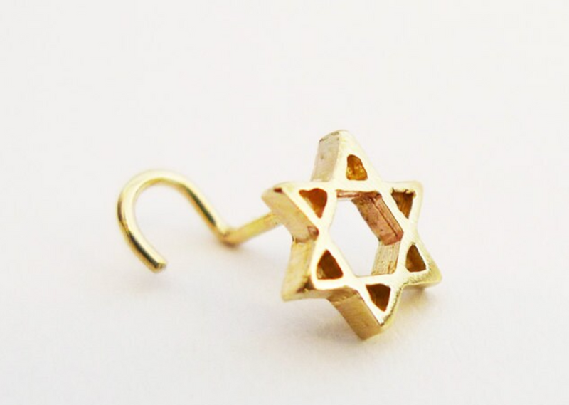 solid gold handmade 14K Star of David Nose Stud available in all backs screw L shape Bone for right or left nostril jewish talisman protection symbol made in israel נזם מגן דוד עבודת יד מיוצר בישראל מזהב אמיתי