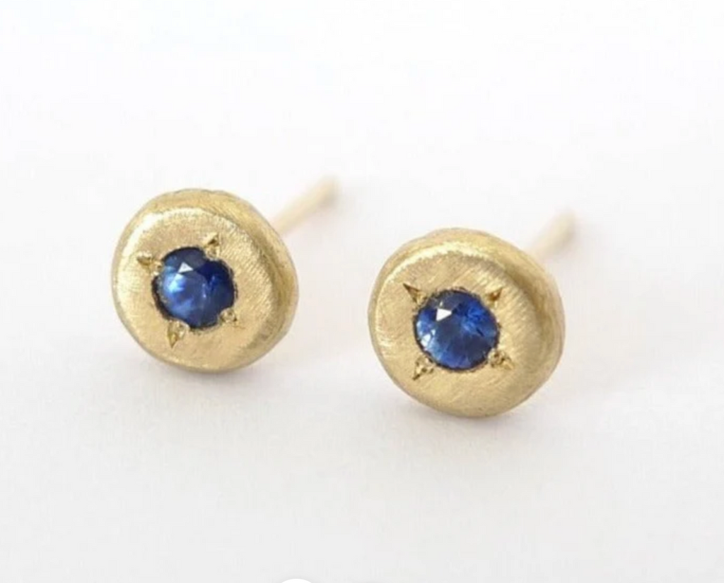 14K RECYCLED GOLD BLUE SAPPHIRE STUD EARRINGS ORGANIC ROUND SAPPHIRE DOTS  EVIL EYE PROTECTION GOOD LUCK BLUE EYE EARRINGS RUSTIC SOLID GOLD ROUND UNISEX STUDS