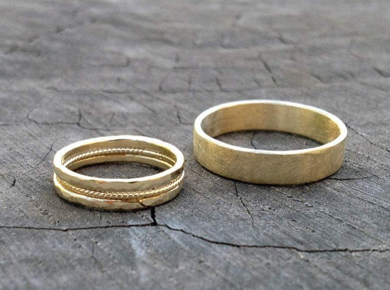 recycled 14K GOLD WEDDING BANDS SET. textured unpolished hammered handmade rings. rough rustic man woman classic