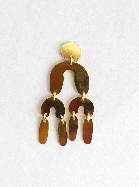 solid gold 14 karat recycled dangle mobile chandelier dynamic gold earring. unique hand cut and shaped sixties style modern movement earrings